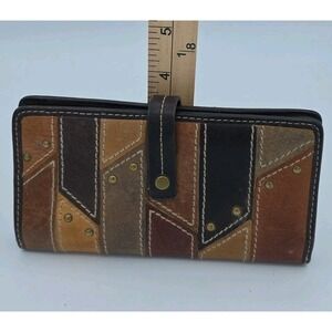 Vintage FOSSIL Leather Wallet MultiColor Patchwork Bifold Studded